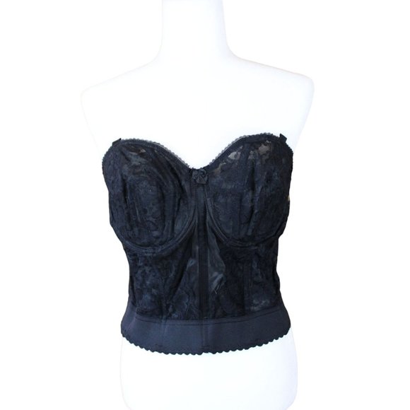 Goddess Long Line Bra Bustier Black Lace 40B 1990s Full Coverage Strapless b82 - Picture 1 of 8